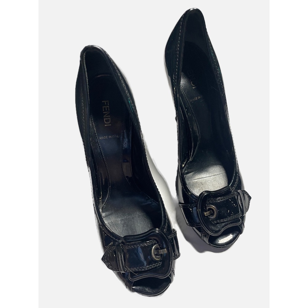 Fendi Peep Toe Pumps Womens 39 Black Patent Leather Buckle Heel Luxury Designer